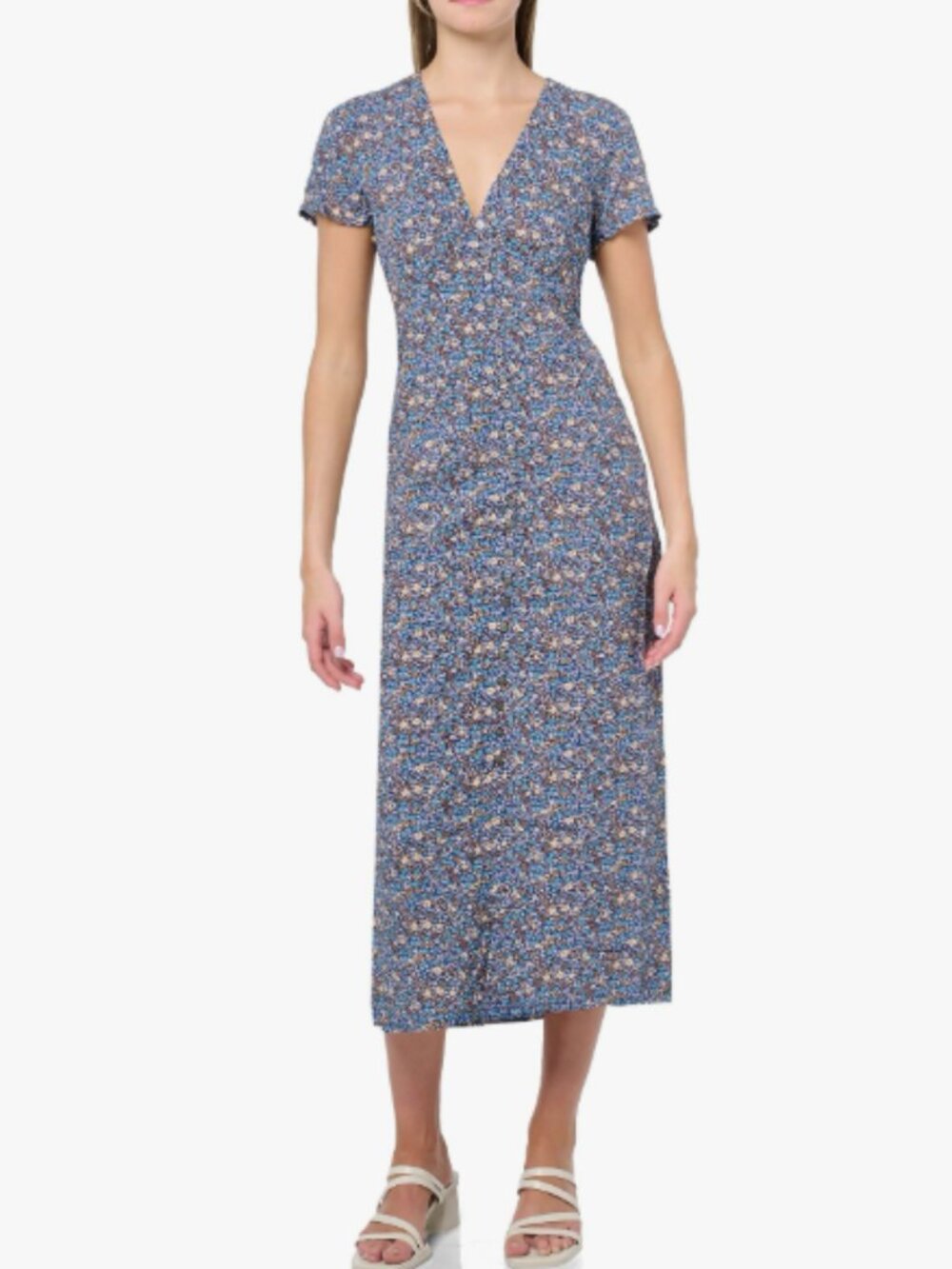 Eddie Bauer Women's Button Front Midi Dress Cottage Tradwife Floral Indigo M